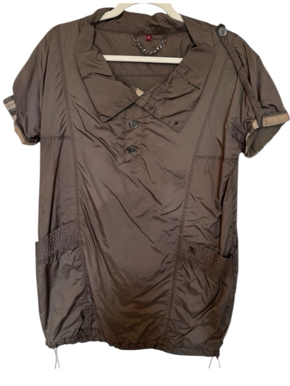 Burberry Y2K Green Utility Nylon Tunic Top Nova Check Trim Retro size M